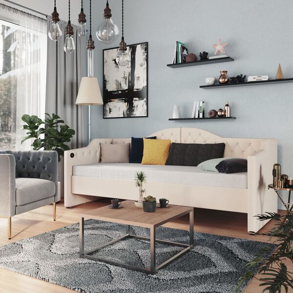 vidaXL Slaapbank met matras en USB stof cr&egrave;mekleurig 90x200 cm