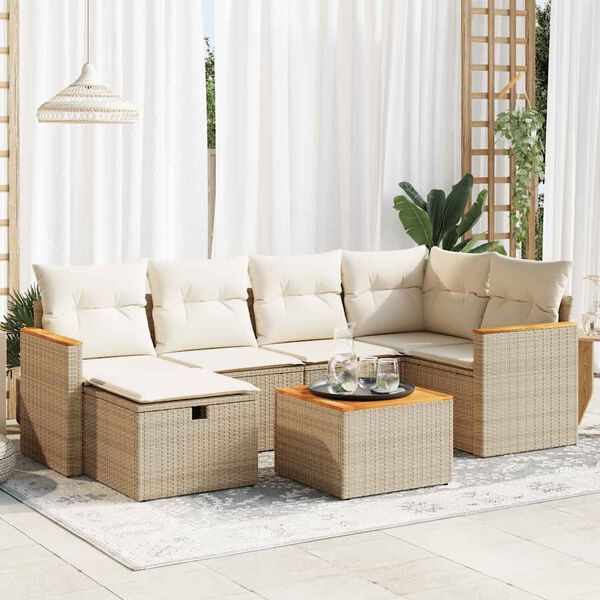 vidaXL 7-delige Loungeset met kussens poly rattan beige