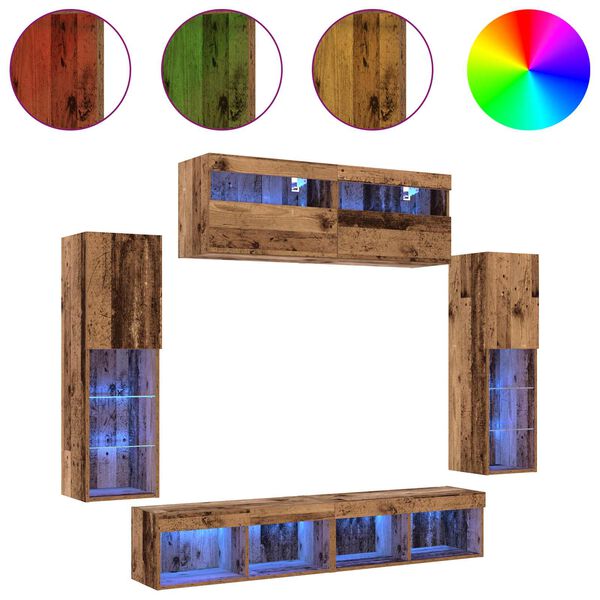 vidaXL Tv-meubelset met LED-striplichten 6 pcs Oud hout Bewerkt hout