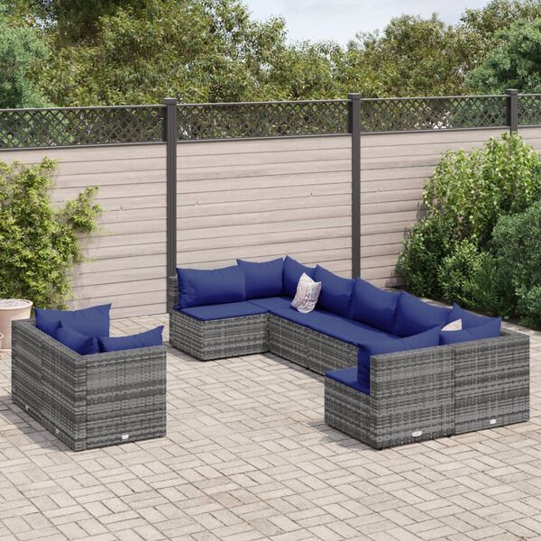 vidaXL 9-delige Loungeset met kussens poly rattan grijs