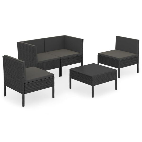 vidaXL 5-delige Loungeset met kussens poly rattan zwart
