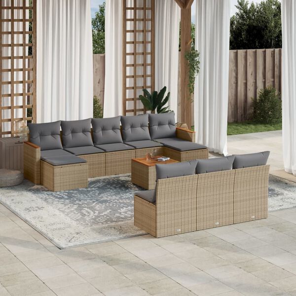 vidaXL 11-delige Loungeset met kussens poly rattan gemengd beige