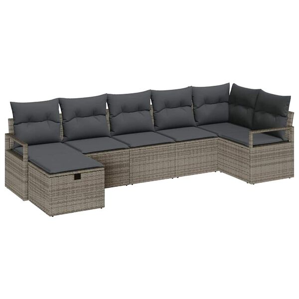 vidaXL Bankstel met kussen met opslag 7 pcs Grijs poly rattan