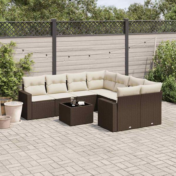 vidaXL 9-delige Loungeset met kussens poly rattan bruin