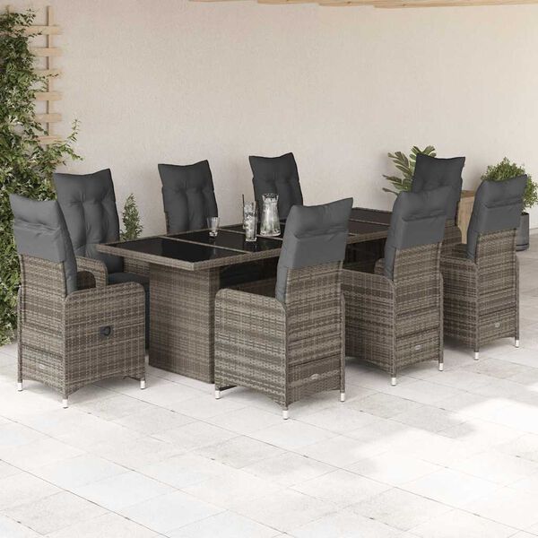 vidaXL 9-delige Bistroset met kussens poly rattan grijs