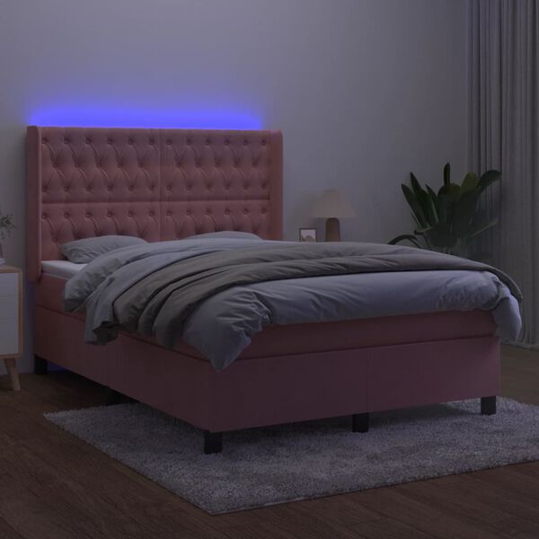 vidaXL Boxspring met matras en LED fluweel roze 140x200 cm