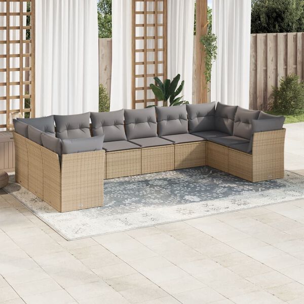vidaXL 10-delige Loungeset met kussens poly rattan beige