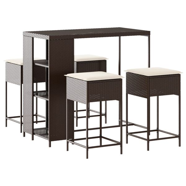 vidaXL 5-delige Tuinbarset met kussens poly rattan bruin