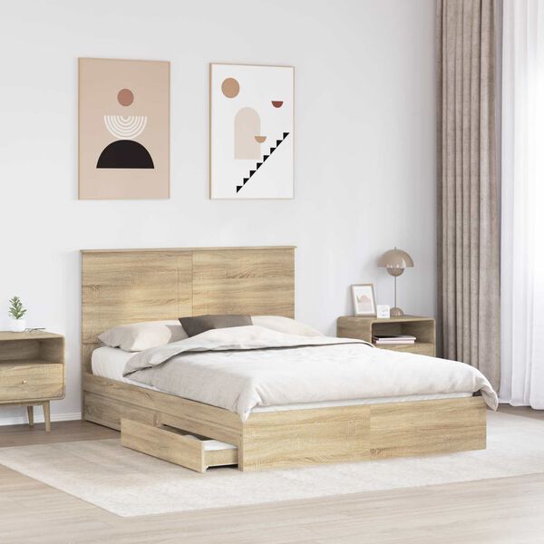 vidaXL Opslag bed met lade Sonoma Eiken 140 x 190 cm Bewerkt hout