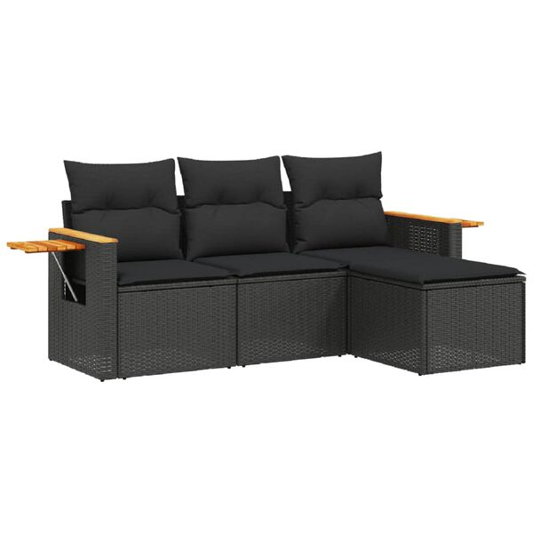 vidaXL 4-delige Loungeset met kussens poly rattan zwart