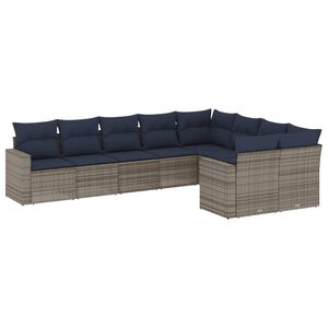 vidaXL 9-delige Loungeset met kussens poly rattan grijs