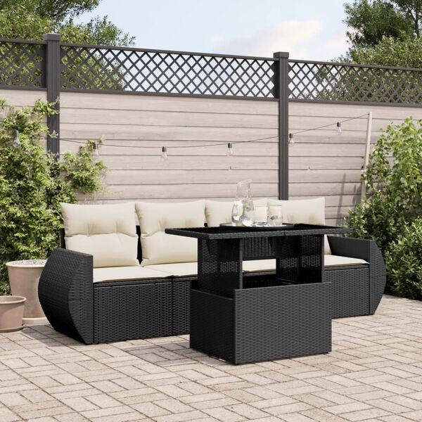 vidaXL 5-delige Loungeset met kussens poly rattan zwart