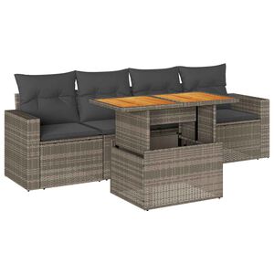 vidaXL 5-delige Loungeset met kussens poly rattan grijs