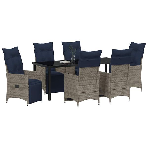 vidaXL Tafel en stoelen set met kussen 7 pcs Grijs PE Rattan