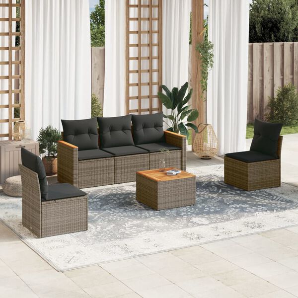 vidaXL 6-delige Loungeset met kussens poly rattan grijs