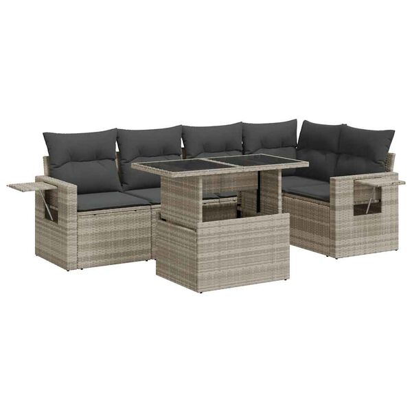 vidaXL 6-delige Loungeset met kussens poly rattan lichtgrijs