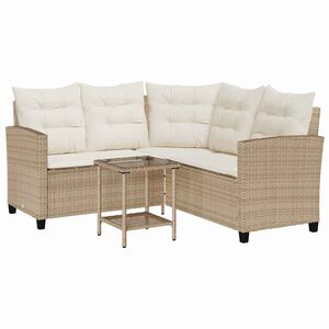 vidaXL Tuinbank met tafel en kussens L-vormig beige poly rattan