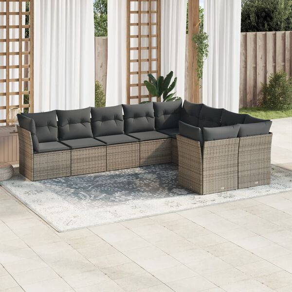 vidaXL 9-delige Loungeset met kussens poly rattan grijs