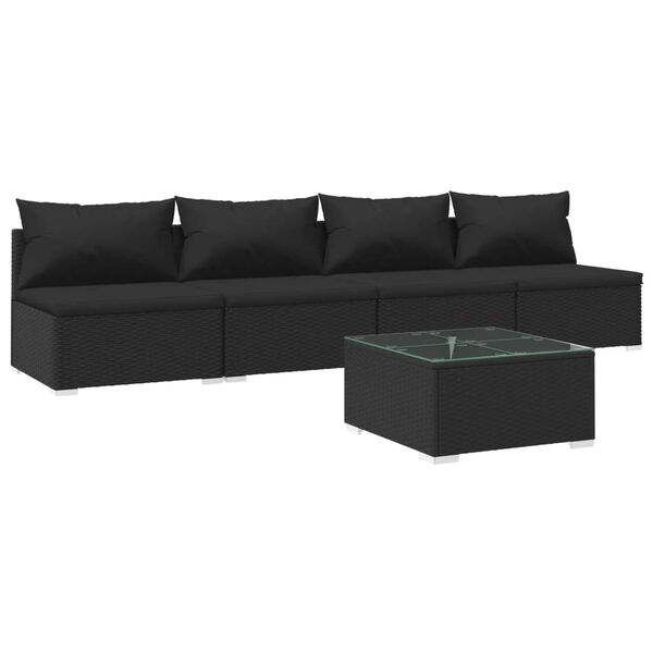vidaXL 5-delige Loungeset met kussens poly rattan zwart