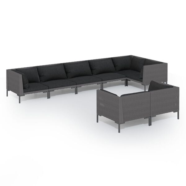 vidaXL 8-delige Loungeset met kussens poly rattan donkergrijs
