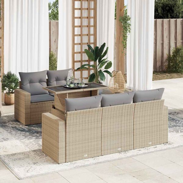 vidaXL 6-delige Loungeset met kussens poly rattan beige