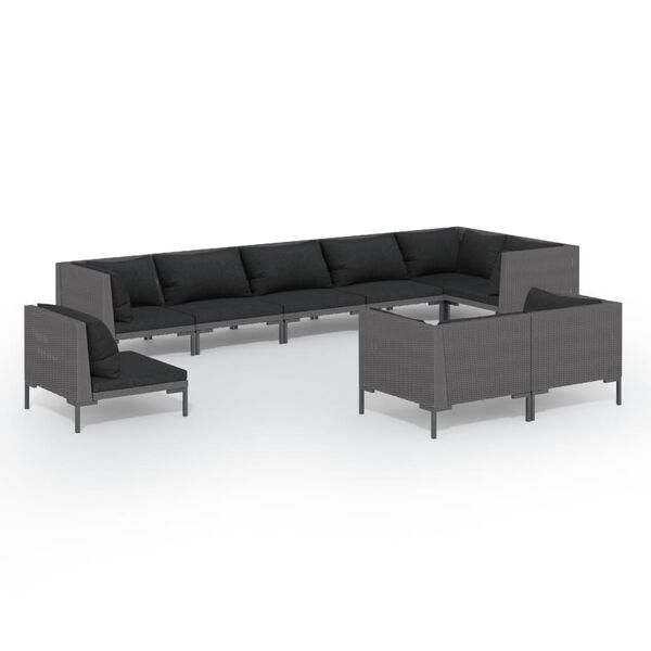vidaXL 9-delige Loungeset met kussens poly rattan donkergrijs