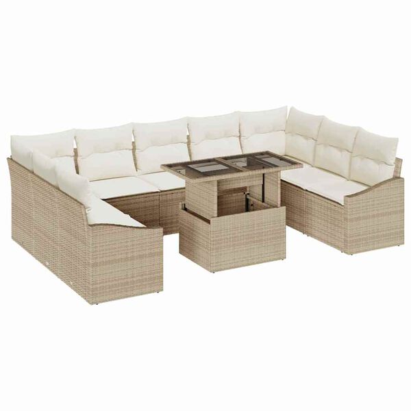 vidaXL Bankstel met kussen 10 pcs Beige en Cr&egrave;me poly rattan