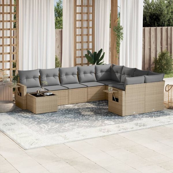 vidaXL 10-delige Loungeset met kussens poly rattan beige