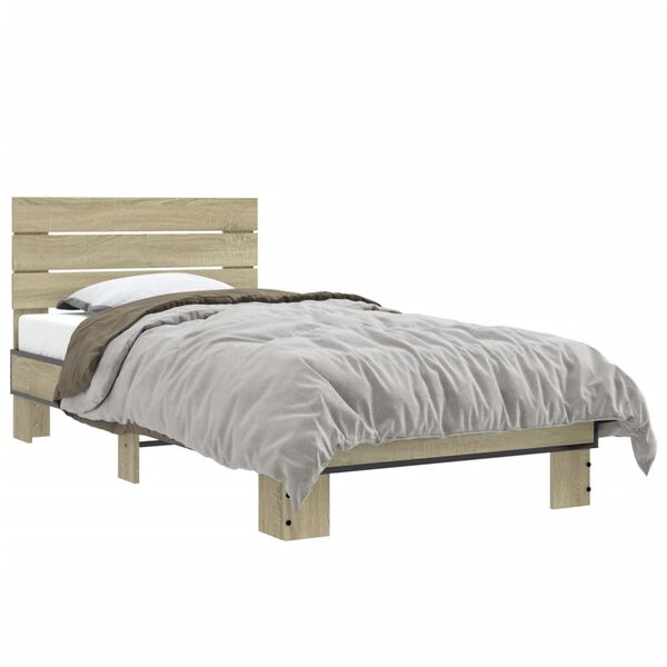 vidaXL Bedframe bewerkt hout en metaal sonoma eikenkleurig 75x190 cm