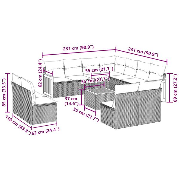 vidaXL 12-delige Loungeset met kussens poly rattan zwart