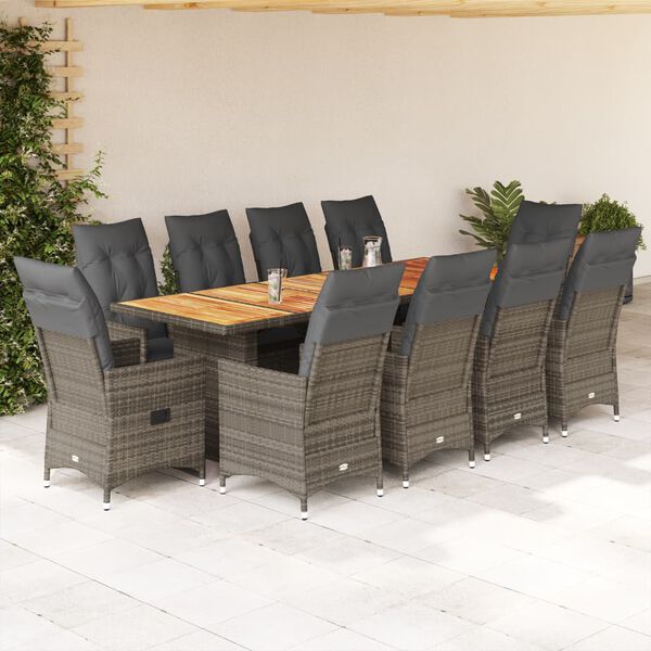 vidaXL 11-delige Bistroset met kussens poly rattan grijs