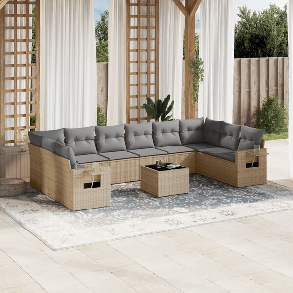 vidaXL 11-delige Tuinset met kussens poly rattan beige
