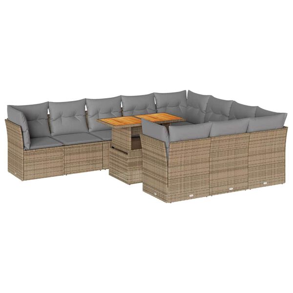 vidaXL 11-delige Tuinset met kussens poly rattan beige