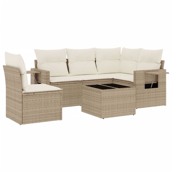 vidaXL 6-delige Loungeset met kussens poly rattan beige