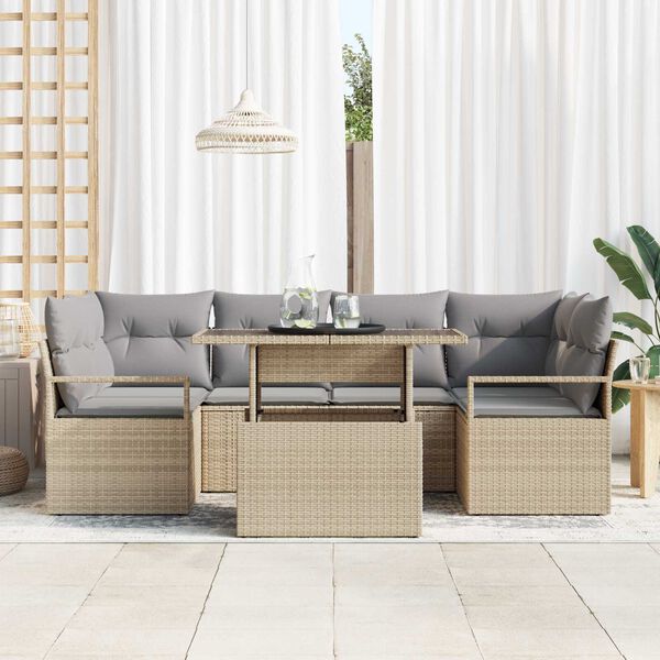 vidaXL Tuin Sofa Set met opslag 7 pcs Beige Poly riet