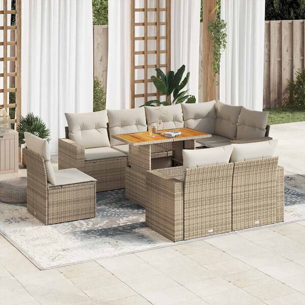 vidaXL 9-delige Loungeset met kussens poly rattan beige