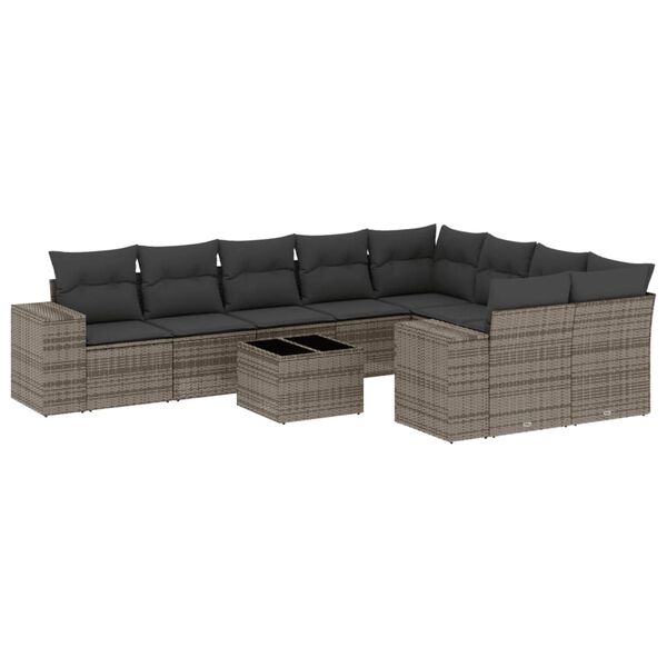 vidaXL 10-delige Loungeset met kussens poly rattan grijs