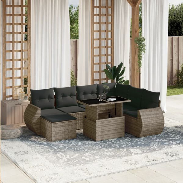 vidaXL 8-delige Loungeset met kussens poly rattan grijs