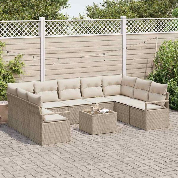 vidaXL Bankstel met kussen 10 pcs Beige poly rattan