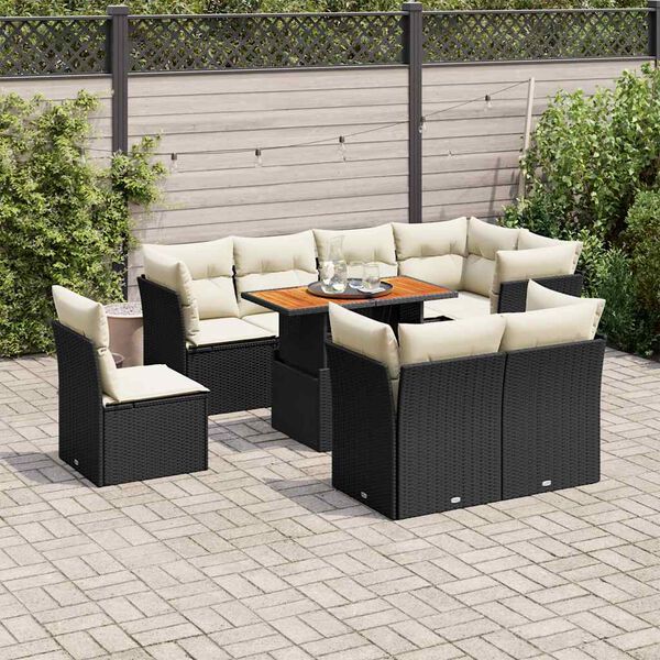 vidaXL 9-delige Loungeset met kussens poly rattan zwart