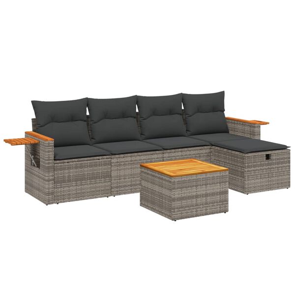 vidaXL 6-delige Loungeset met kussens poly rattan grijs