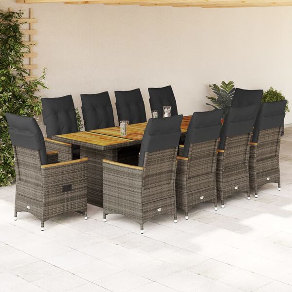 vidaXL 11-delige Bistroset met kussens poly rattan grijs
