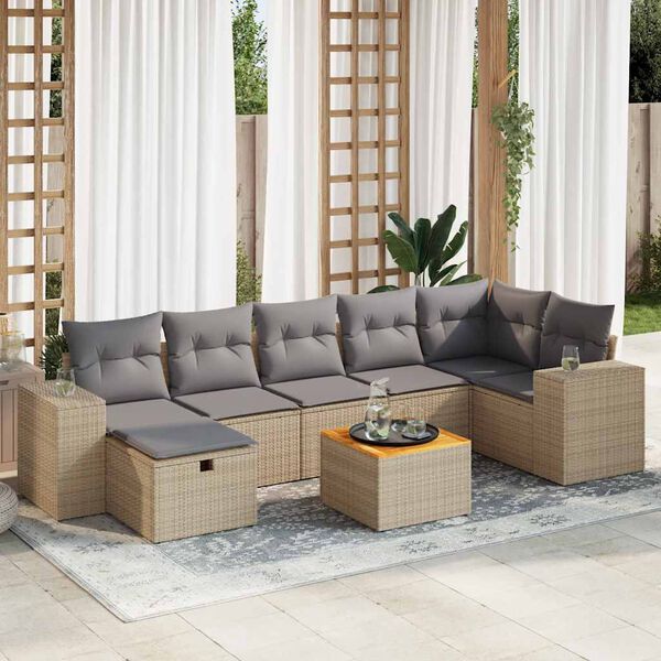 vidaXL 8-delige Loungeset met kussens poly rattan beige