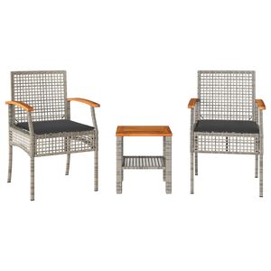 vidaXL 3-delige Bistroset met kussens poly rattan en acaciahout grijs