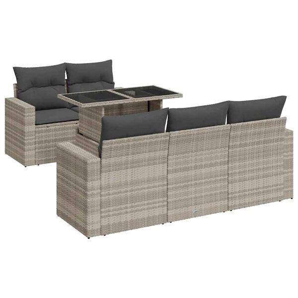 vidaXL 6-delige Loungeset met kussens poly rattan lichtgrijs