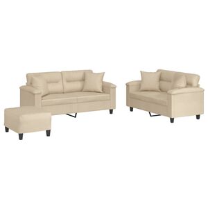 vidaXL 3-delige Loungeset met kussens microvezelstof cr&egrave;mekleurig