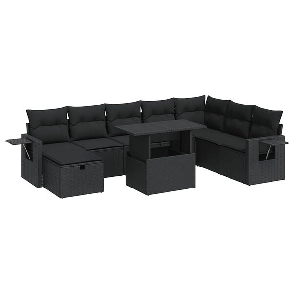 vidaXL 9-delige Loungeset met kussens poly rattan zwart