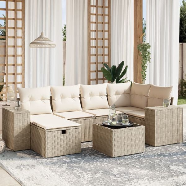 vidaXL 7-delige Loungeset met kussens poly rattan beige