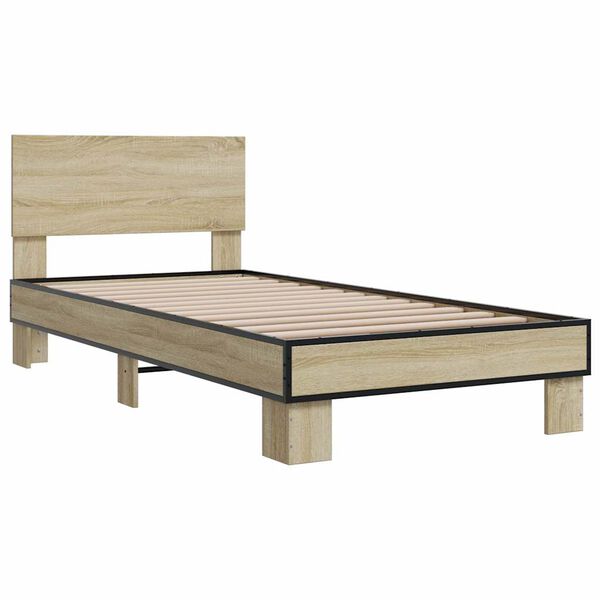 vidaXL Bedframe bewerkt hout en metaal sonoma eikenkleurig 90x190 cm