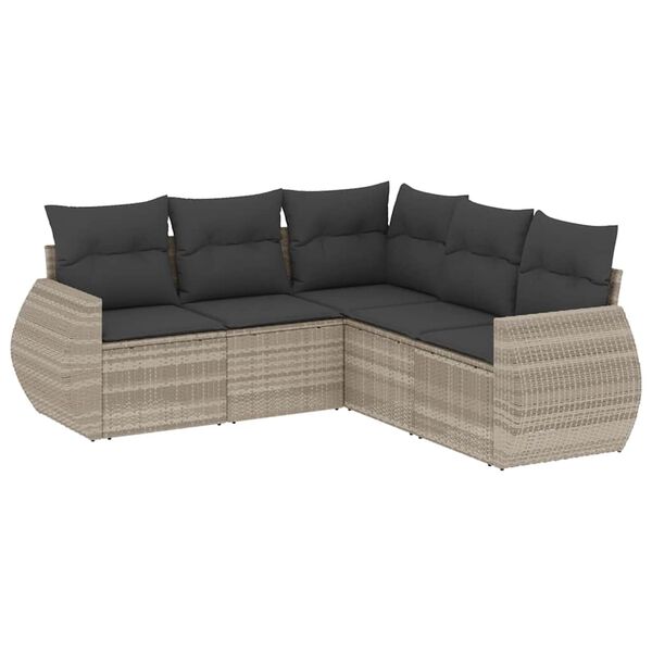 vidaXL 5-delige Loungeset met kussens poly rattan lichtgrijs